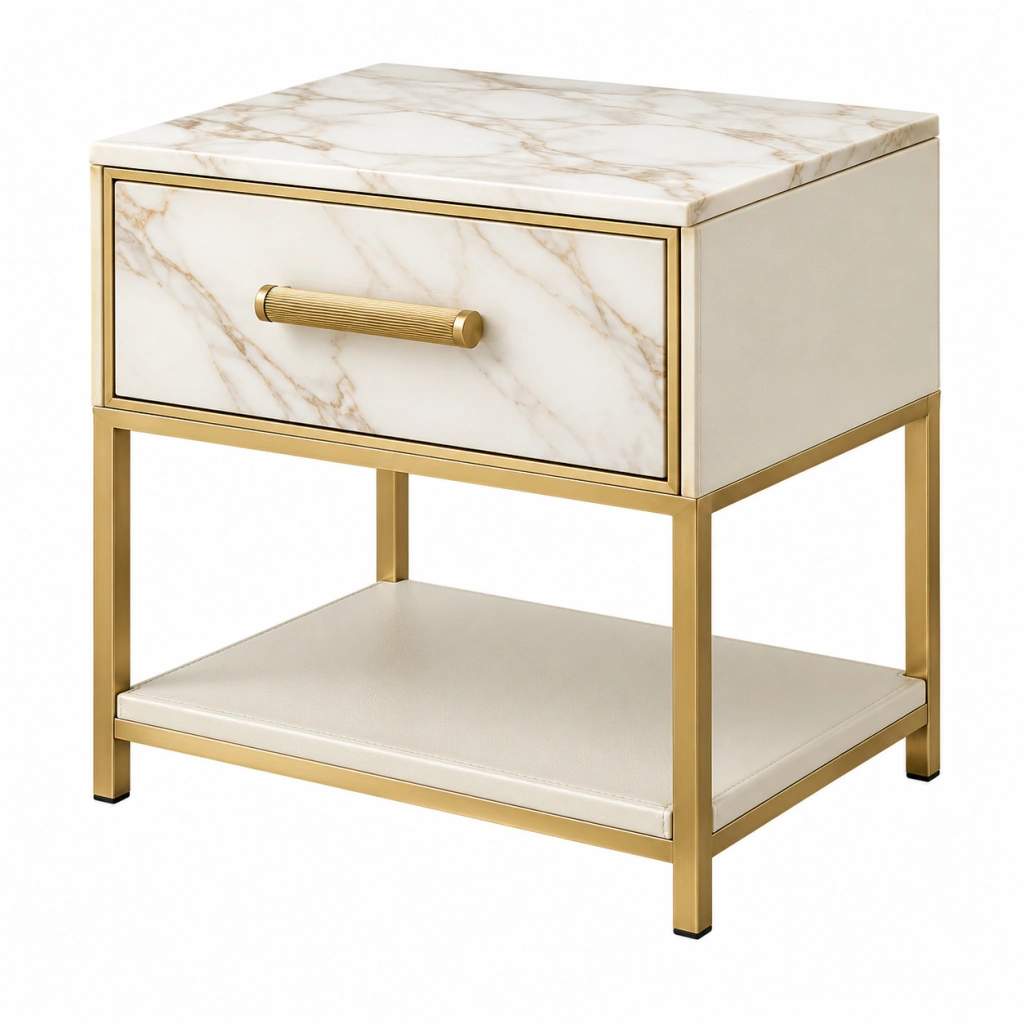 Comodino 50 x 40 x 60 cm effetto marmo bianco con metallo dorato - 1 cassetto e ripiano