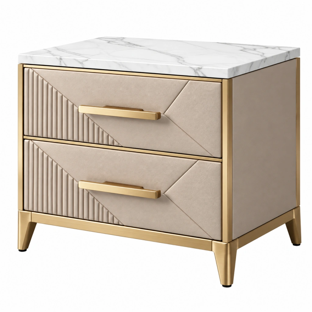 Comodino 60 x 40 x 55 cm con 2 cassetti rivestito beige e piano effetto marmo stile moderno