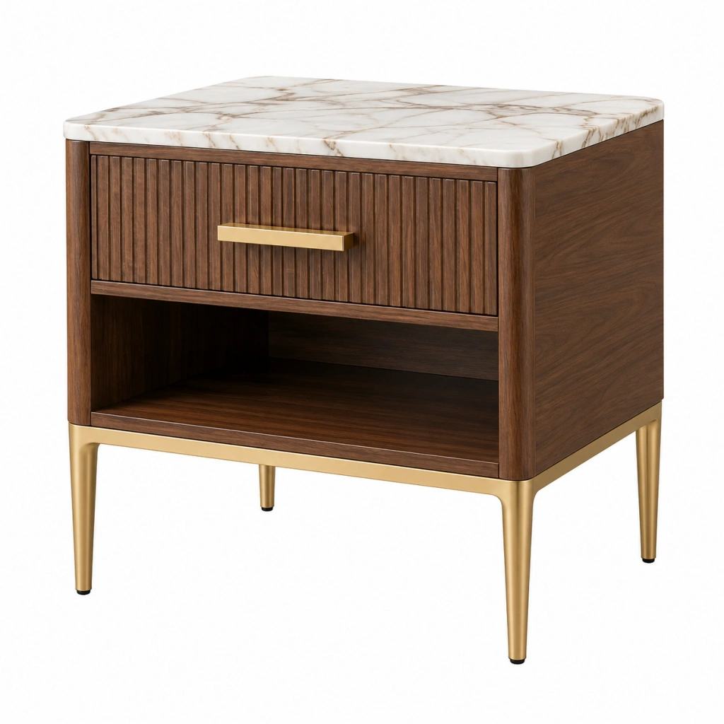 Comodino 60 x 45 x 65 cm in legno noce con piano effetto marmo e cassetto stile moderno