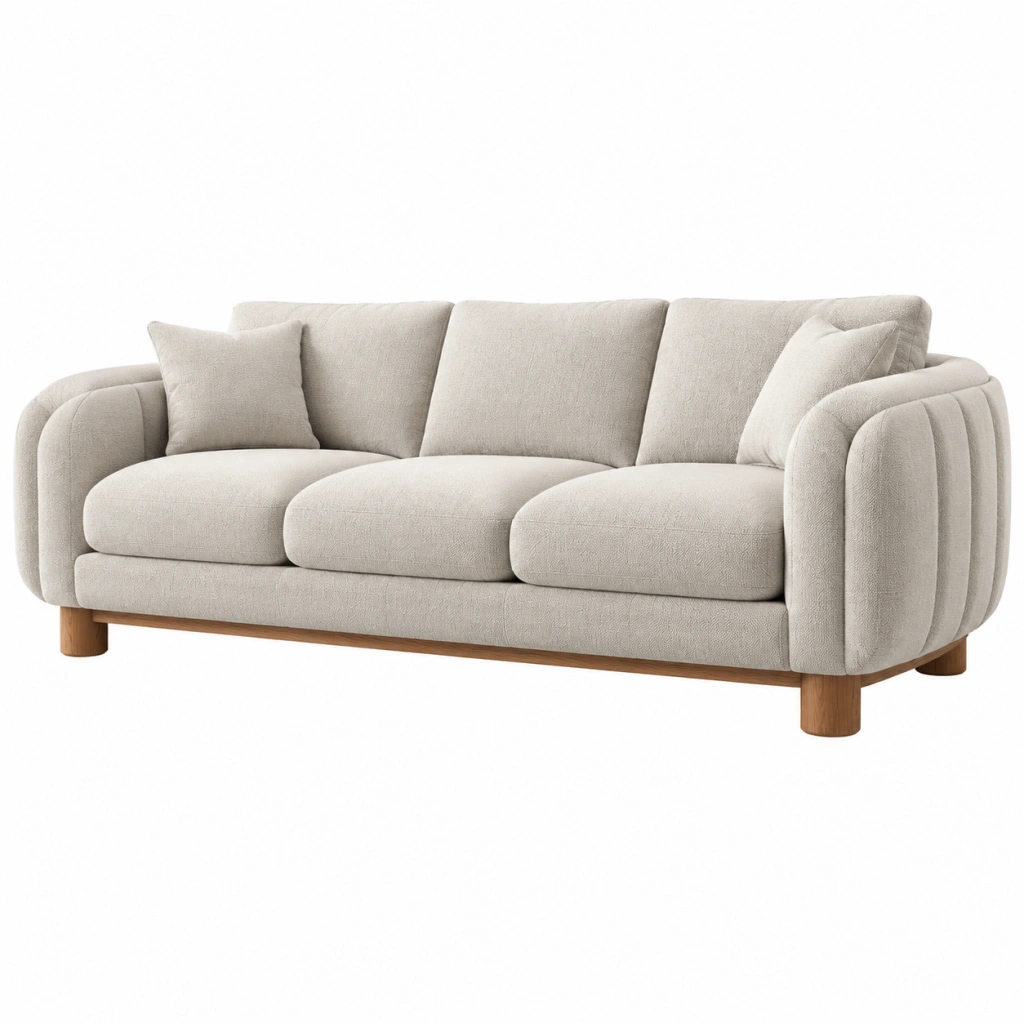 Divano 3 posti 230 cm in tessuto beige con base in legno - stile moderno
