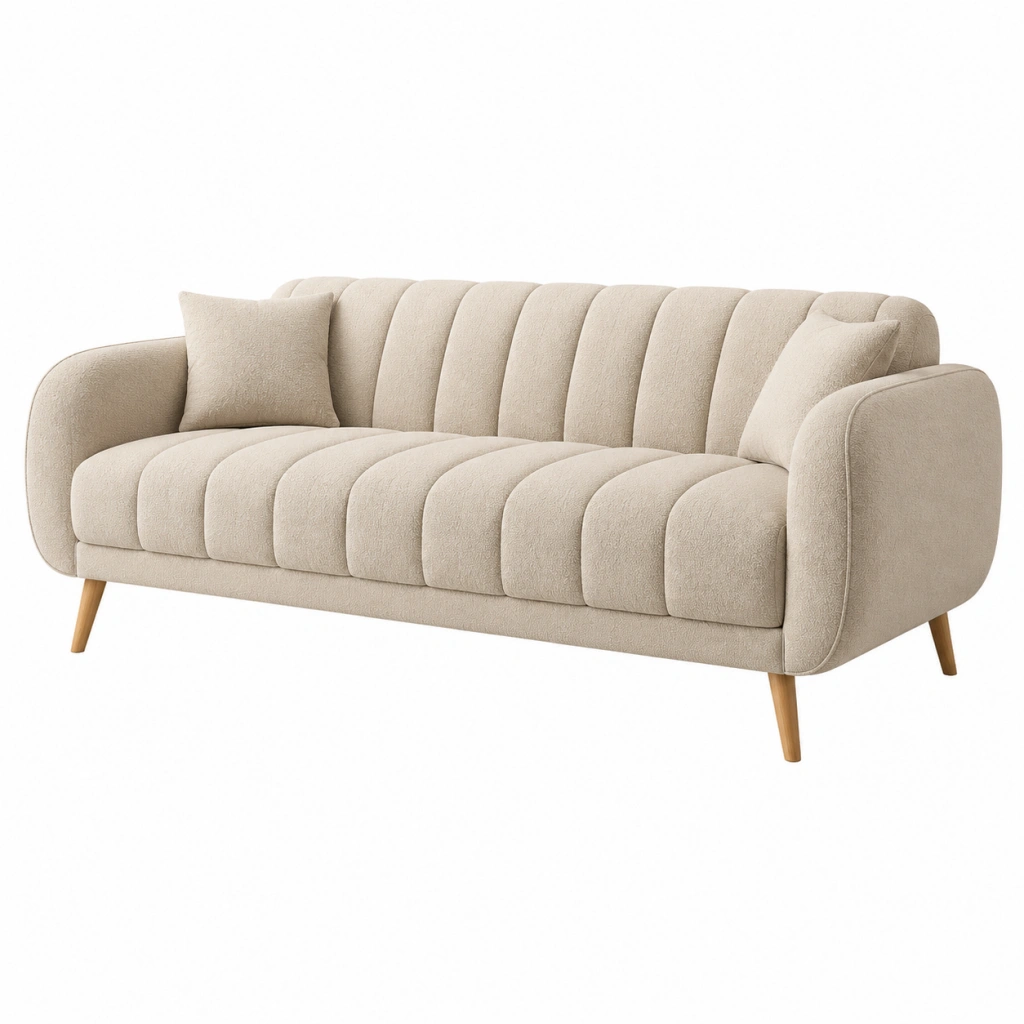 Divano 3 posti 210 x 85 x 88 cm in tessuto bouclé beige con gambe in legno - stile moderno