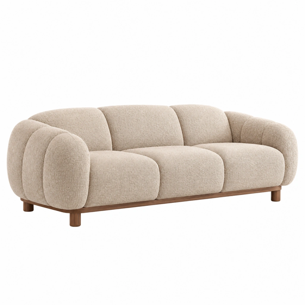 Divano 3 posti 220 x 95 x 75 cm in tessuto bouclé beige con base in legno stile moderno