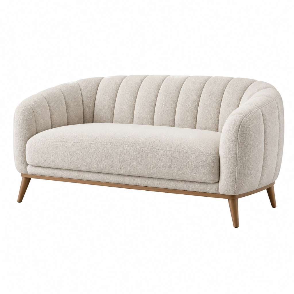 Divano 2 posti 160 x 85 x 78 cm in tessuto bouclé avorio con gambe in legno stile moderno