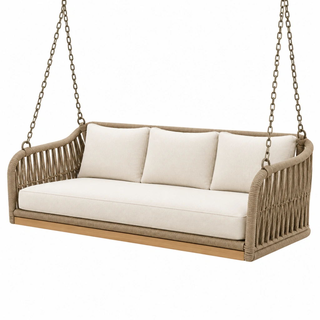 Dondolo sospeso da giardino 180 x 75 x 70 cm in corda beige e legno stile boho