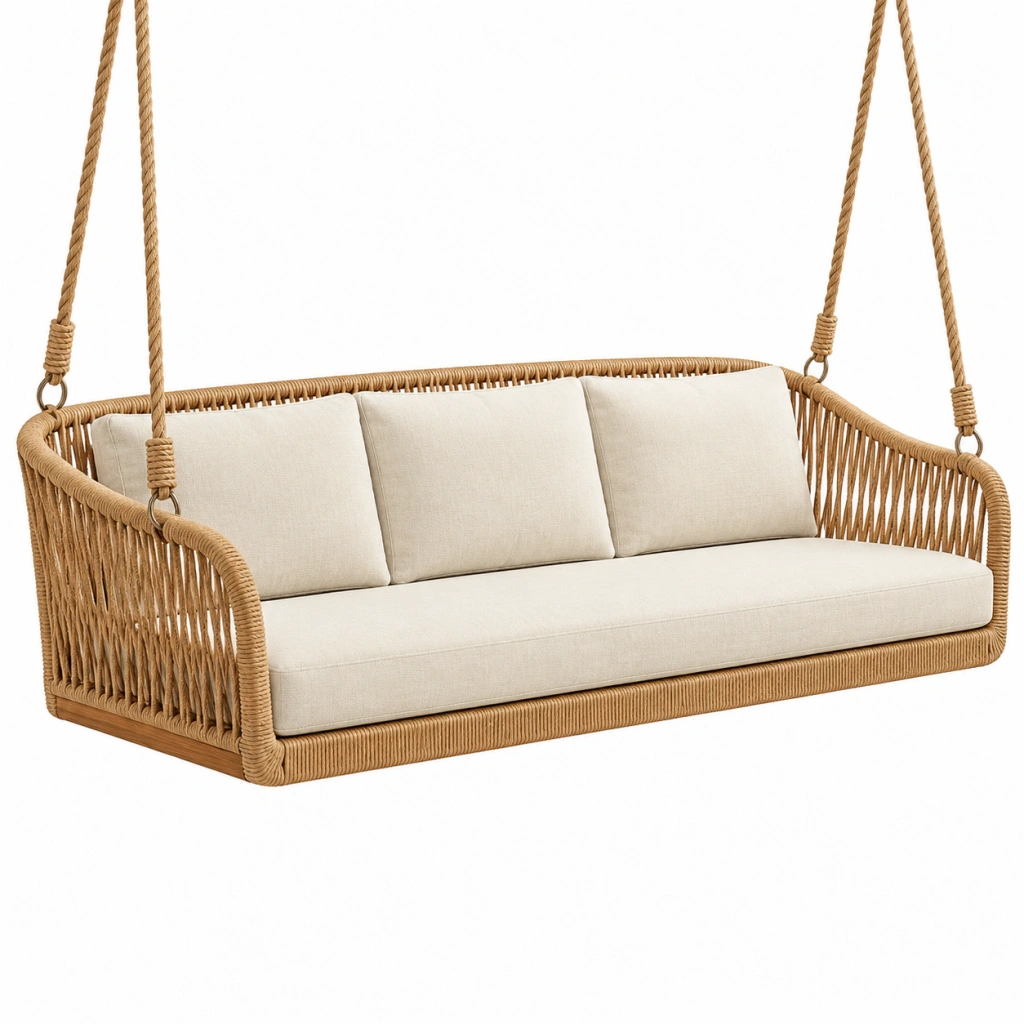 Dondolo sospeso da giardino 160 x 75 x 65 cm in corda intrecciata naturale con seduta imbottita stile boho