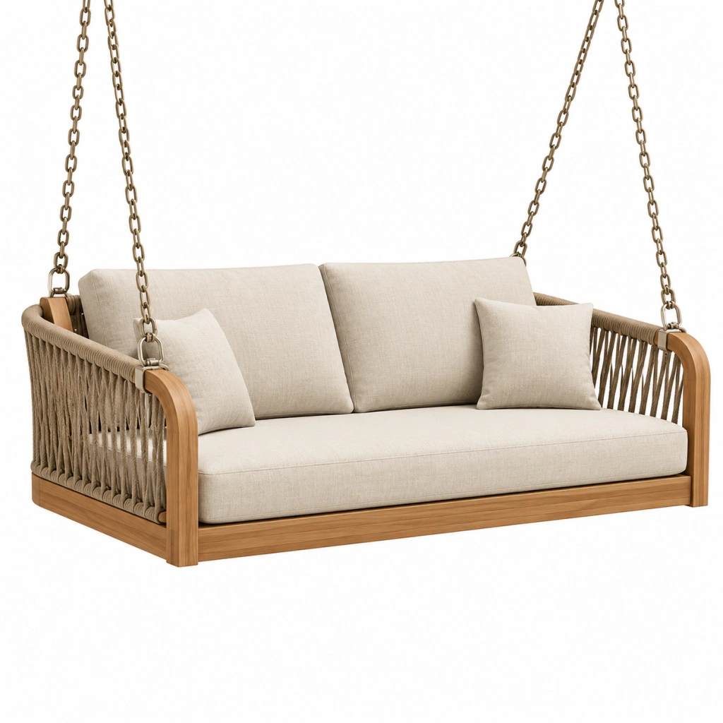 Divano sospeso da giardino 140 x 75 x 65 cm in legno naturale e corda beige a 2 posti