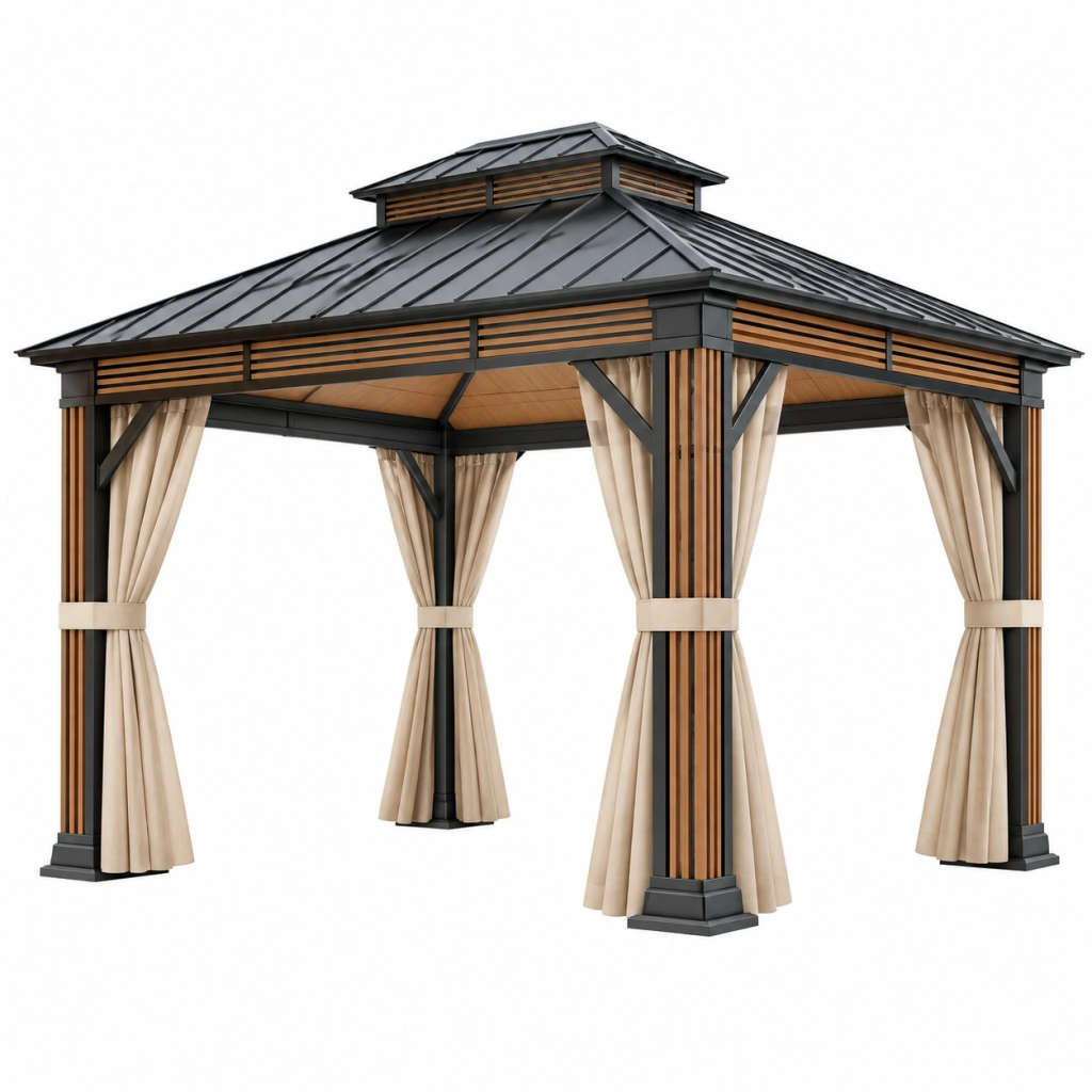 Gazebo da giardino 300 x 300 cm in metallo nero con tende beige - tetto a padiglione