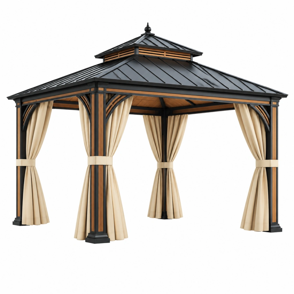 Gazebo da giardino 300 x 300 x 300 cm in metallo nero e tende beige stile classico