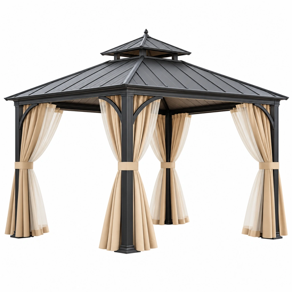 Gazebo da giardino 300 x 300 x 300 cm in acciaio nero con tende beige - copertura rigida