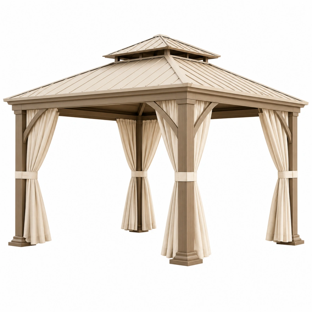 Gazebo da giardino 300 x 300 x 300 cm in legno beige con tende stile classico
