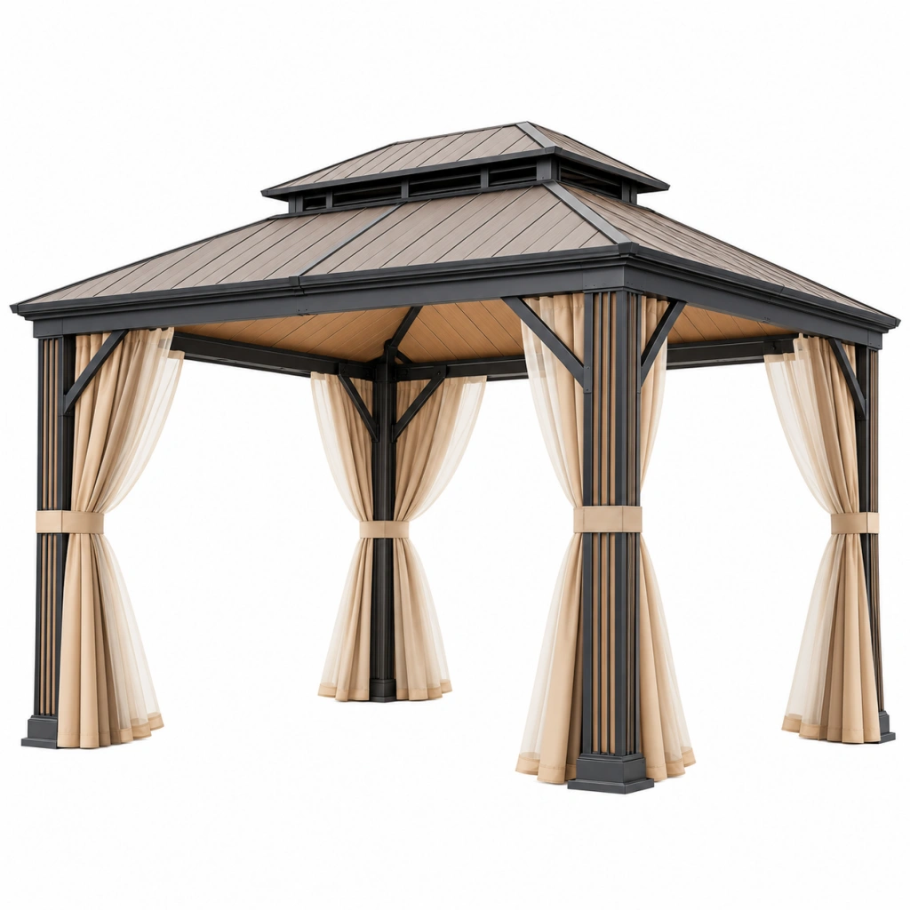 Gazebo da giardino 300 x 300 x 300 cm in metallo nero e tessuto beige con tende laterali