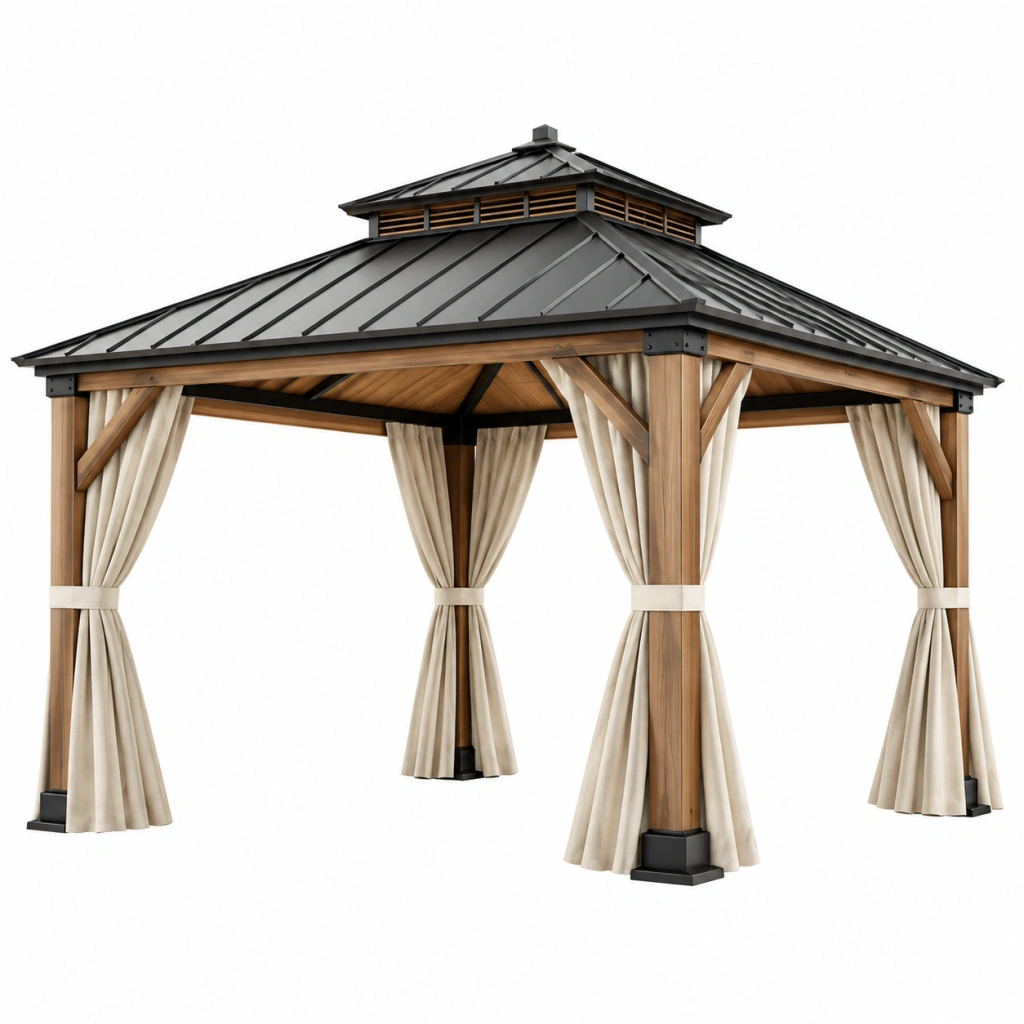 Gazebo da giardino 300 x 300 x 300 cm in legno e metallo marrone e nero con tende beige