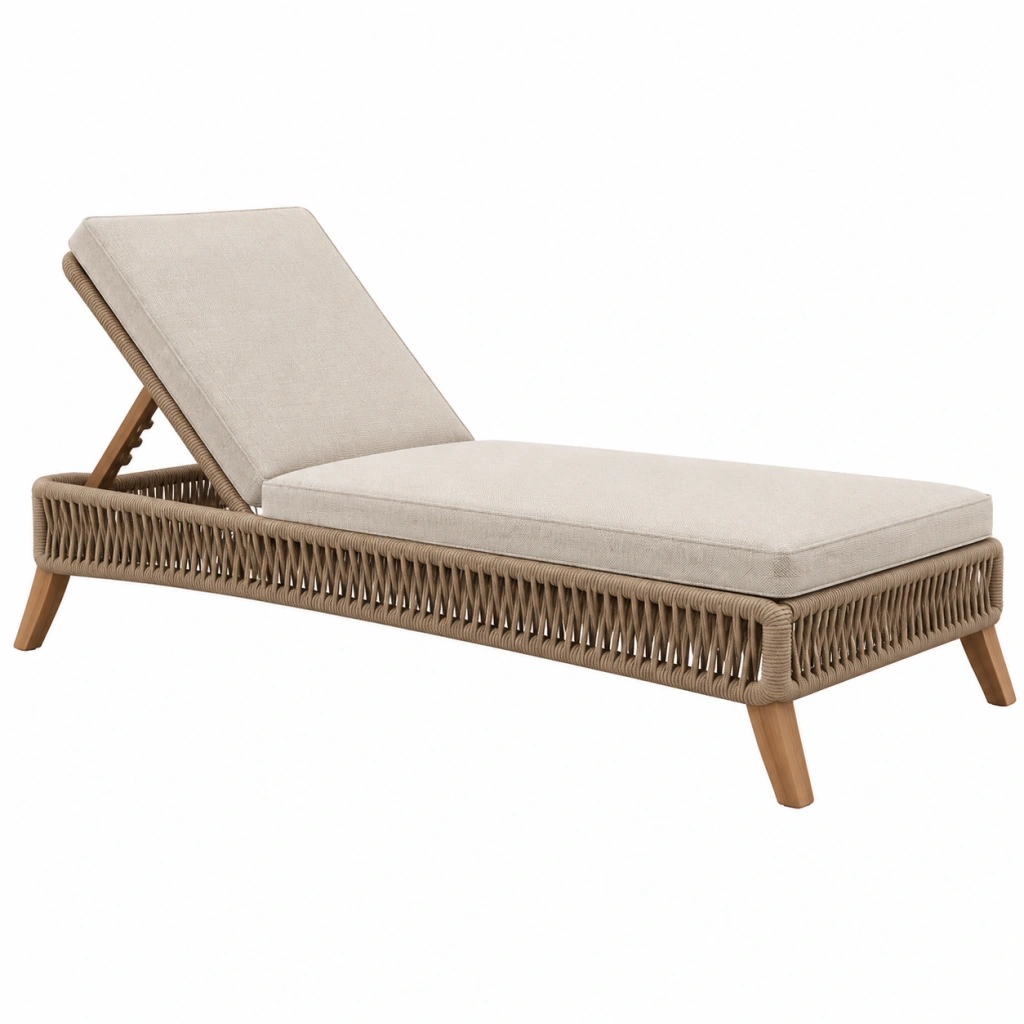 Lettino prendisole 200 x 70 x 85 cm in legno e corda beige con schienale regolabile