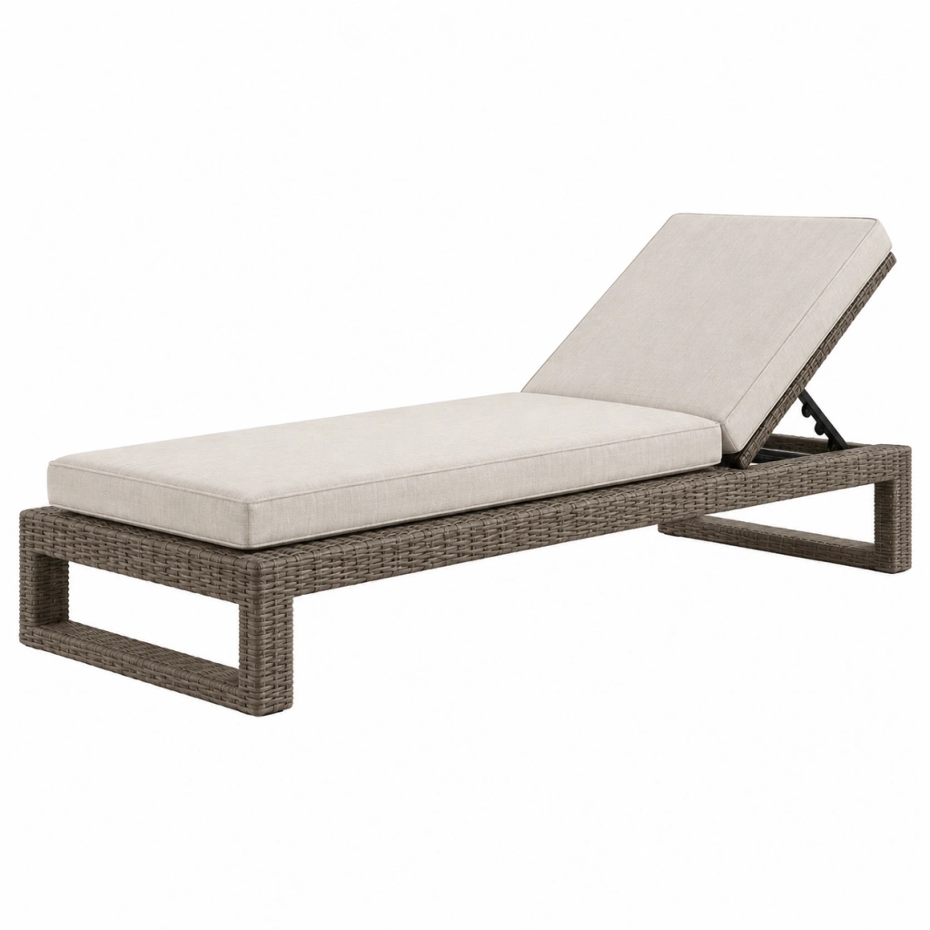 Lettino prendisole 200 x 70 cm in intreccio effetto rattan marrone tortora con cuscino beige e schienale regolabile
