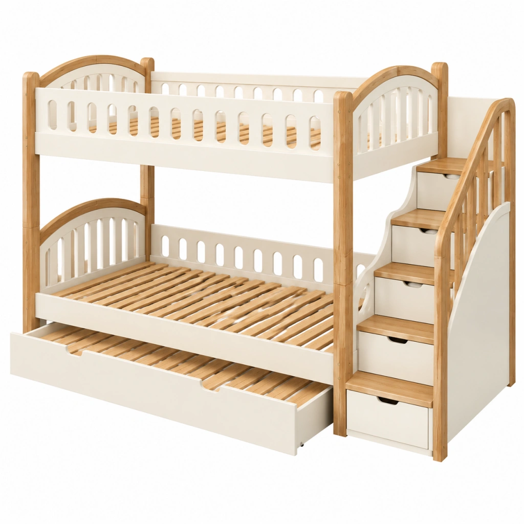 Letto a castello 200 x 90 cm in legno bianco e naturale con scala contenitore