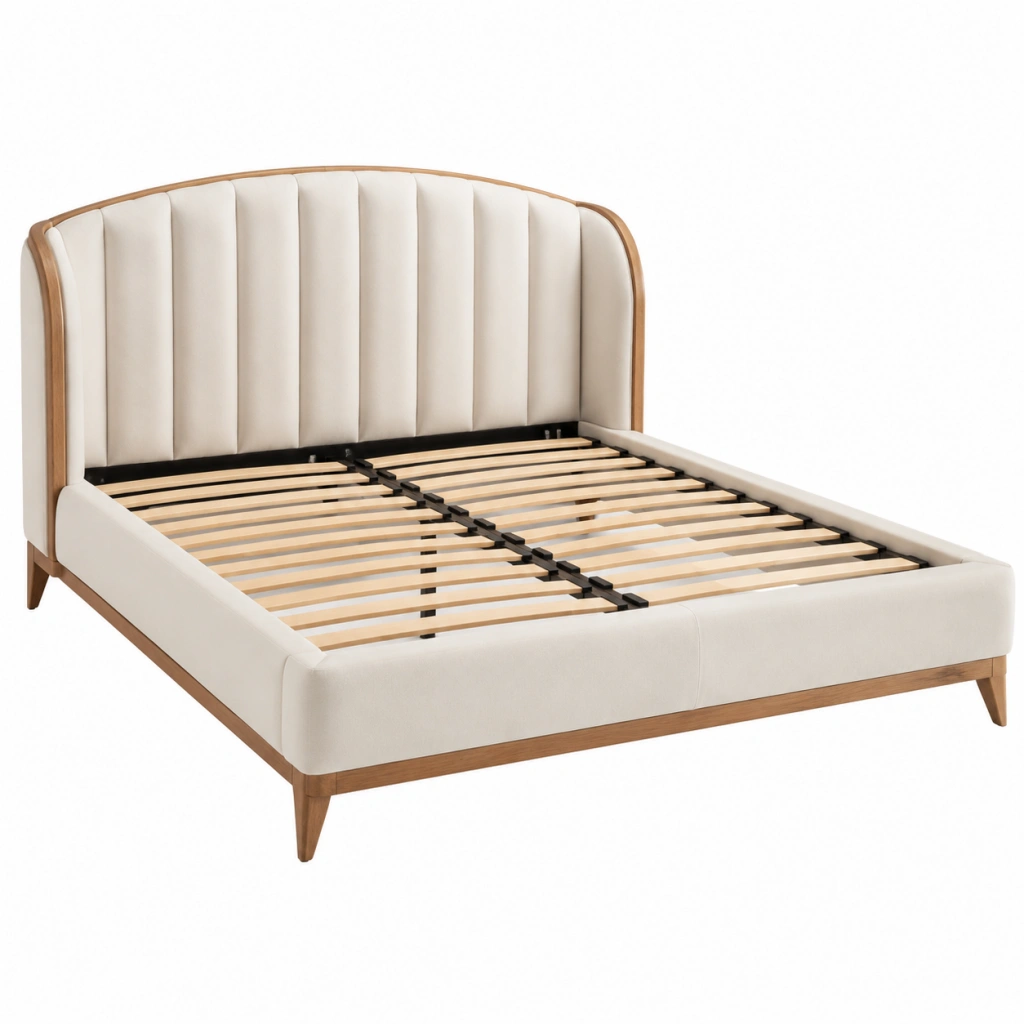 Letto matrimoniale 160 x 200 cm imbottito beige e legno con testiera scanalata e rete a doghe