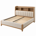 Letto matrimoniale 160 x 200 cm in legno e tessuto beige con testiera imbottita e mensole