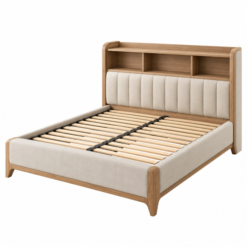 Letto matrimoniale 160 x 200 cm in legno e tessuto beige con testiera imbottita e mensole