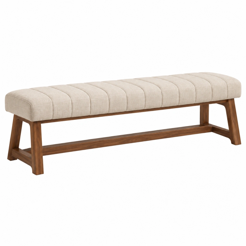 Panca imbottita 140 x 40 x 46 cm in tessuto beige e legno - stile moderno