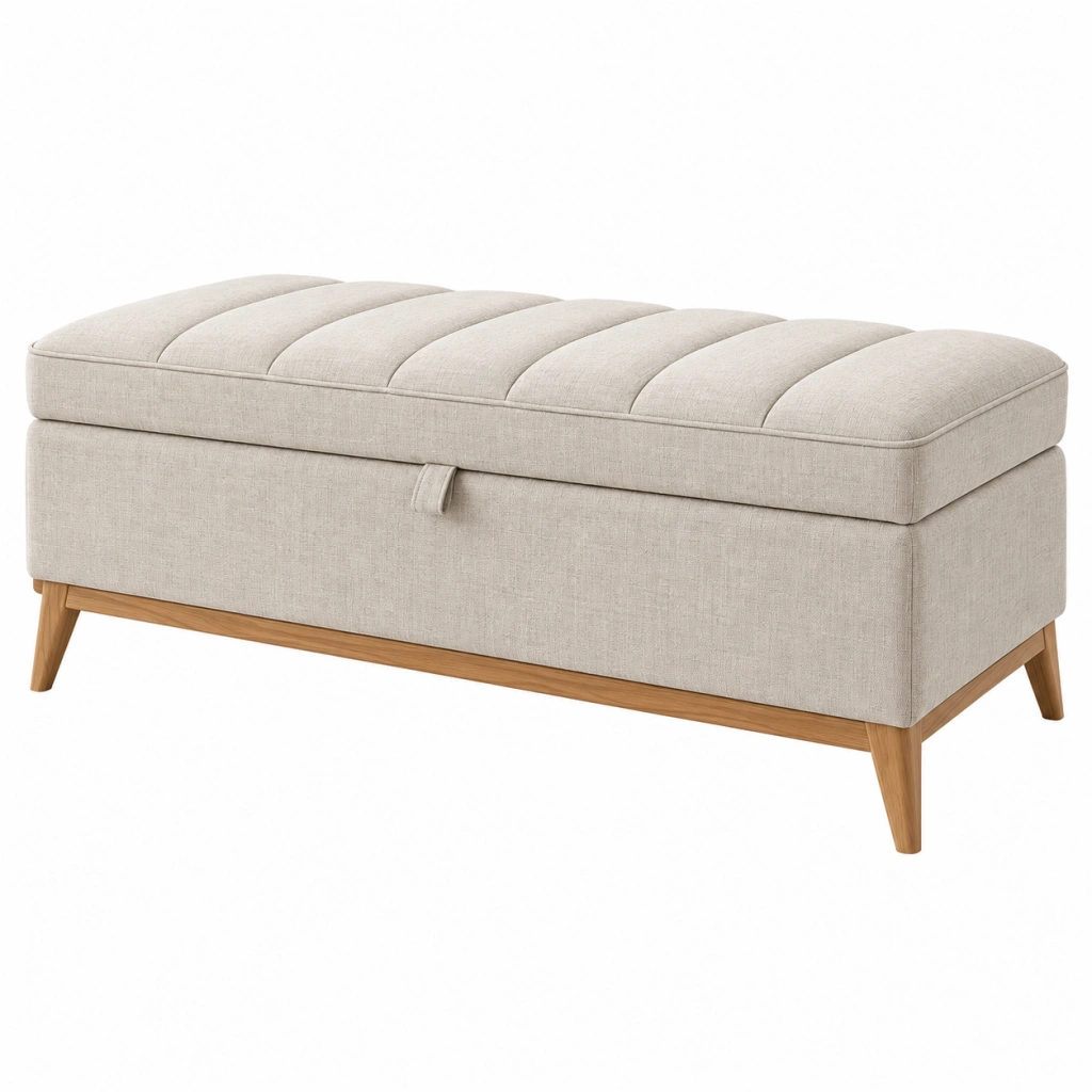 Panca contenitore 120 x 45 x 48 cm in tessuto beige con gambe in legno stile moderno