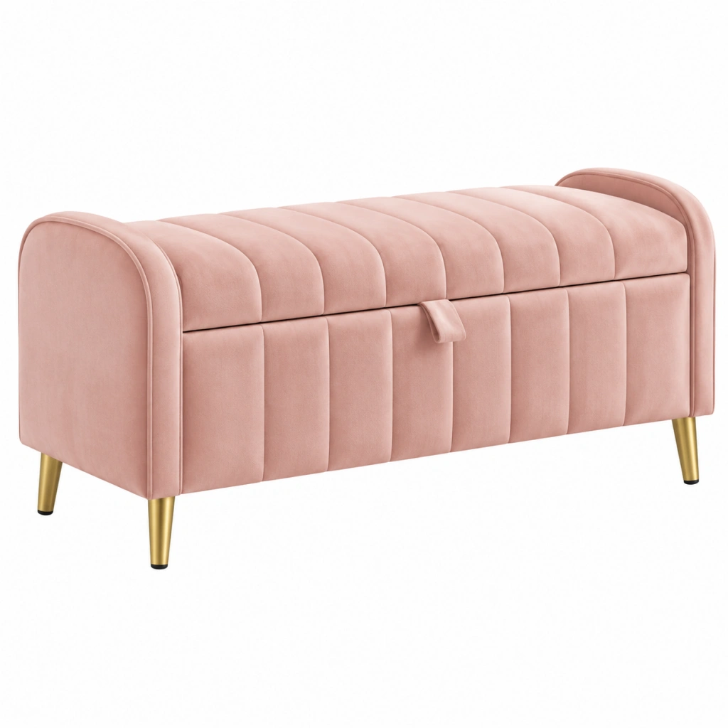 Panca contenitore 100 x 40 x 45 cm in tessuto vellutato rosa con gambe in metallo stile moderno