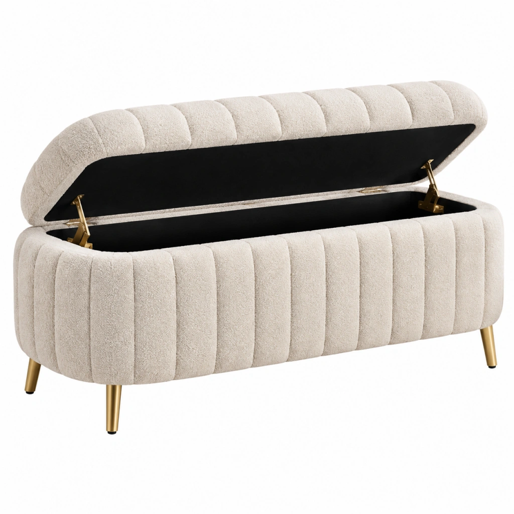 Panca contenitore 120 x 45 x 50 cm in tessuto bouclé beige con gambe dorate stile moderno