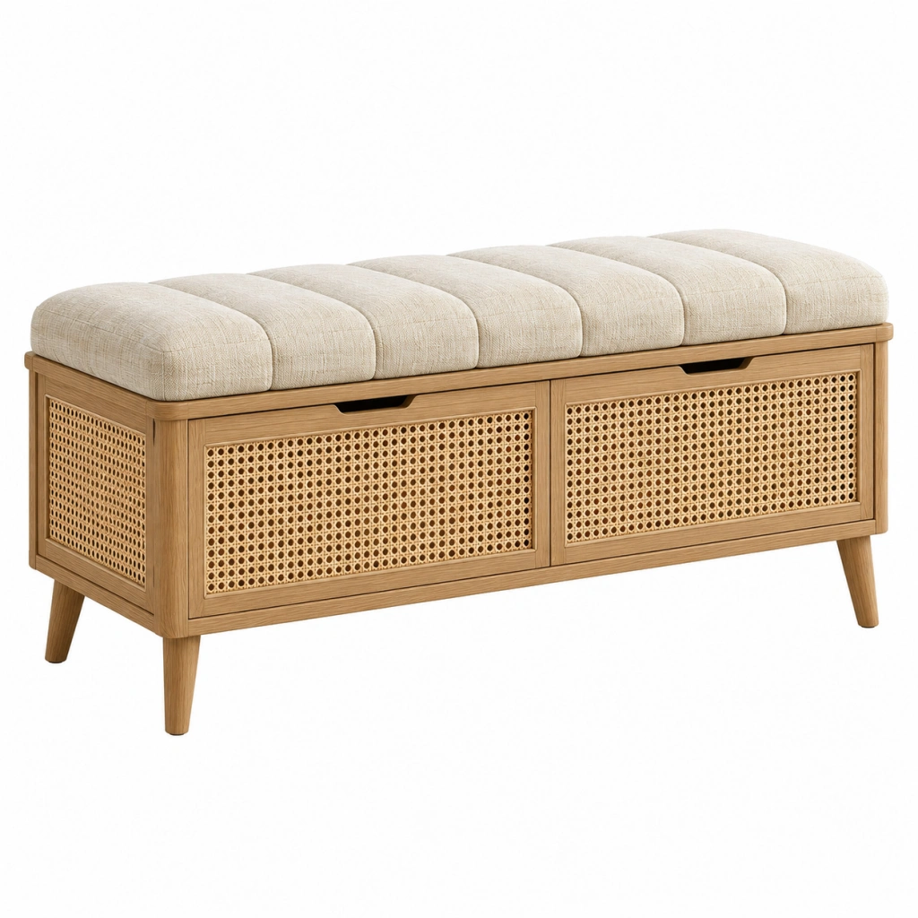 Panca contenitore 120 cm in legno e rattan naturale con seduta imbottita beige