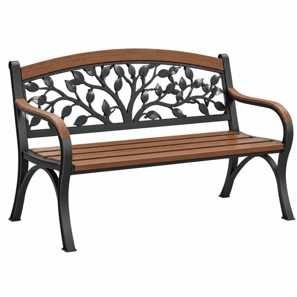 Panchina da giardino 127 x 64 x 90 cm in metallo e legno marrone e nero con schienale decorativo