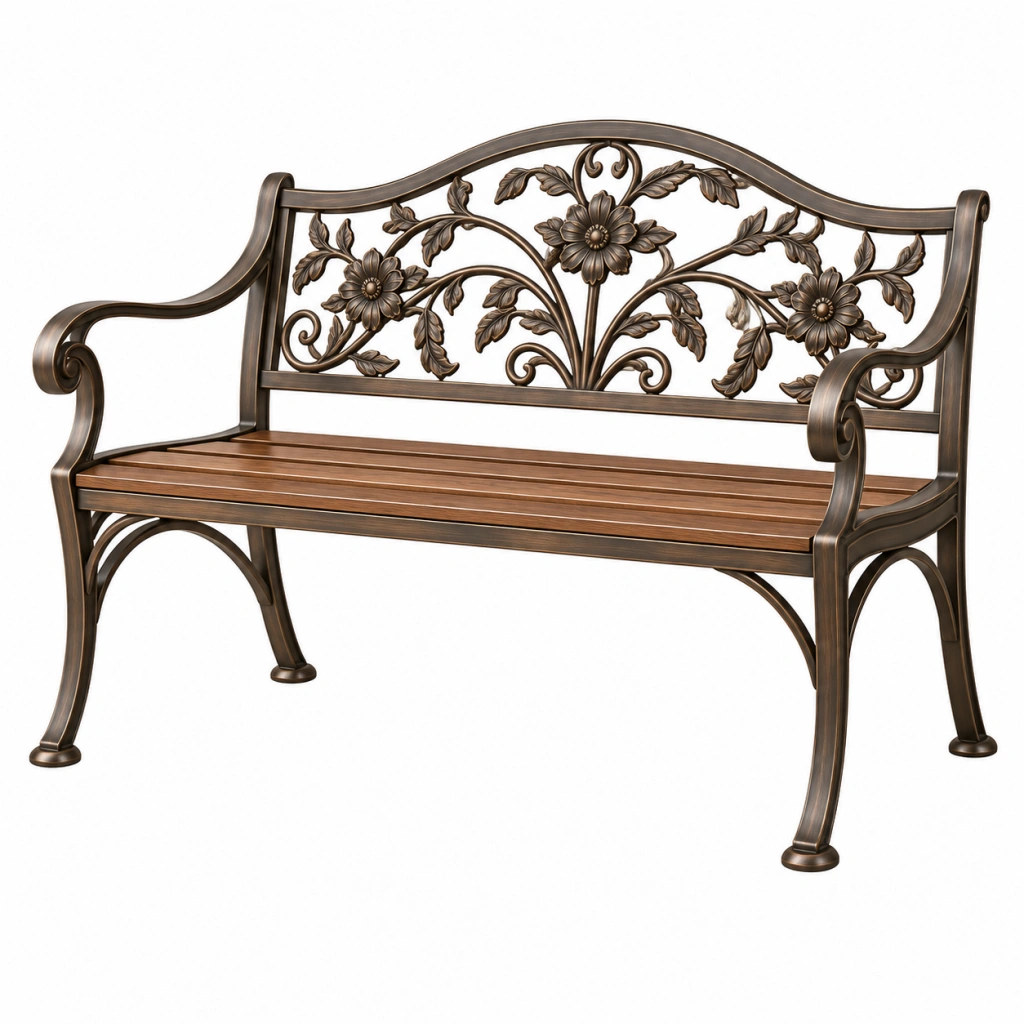 Panca da giardino 120 x 60 x 95 cm in metallo bronzo con schienale floreale classico